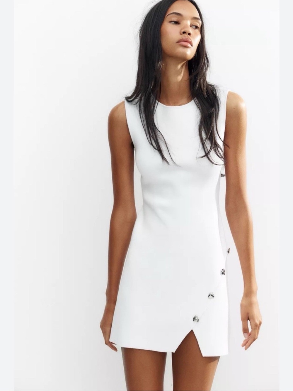 Zara White Sleeveless Mini Dress with Side Button Detail